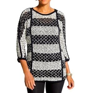 Chico’s Black and White Gianna Striped Sweater Size 1 (US M) Ribbon Crochet